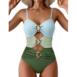 Жіночий суцільний купальник UMIPUBO Monokini з рюшами, колірний блок, зелений XL