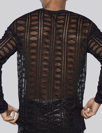 Чоловіча прозора сорочка з довгим рукавом Panegy, мереживна блуза, сітчаста сорочка, облягаючий крій, чорний, XS