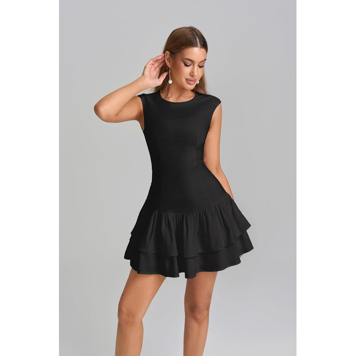 Чорна міні-сукня Parthea без рукавів з рюшами на подолі – Bodycon для вечірок, клубів та випускних