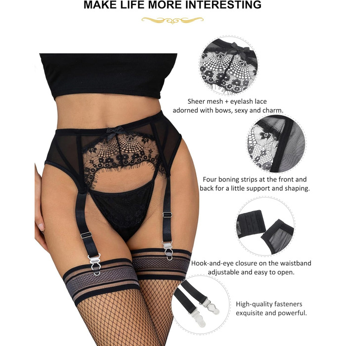 Жіночий мереживний стрінг-ремень, великі розміри, сексуальний стрінг для стегон, з 4 вінтажними ремінцями, кліпсами, чорний (10)