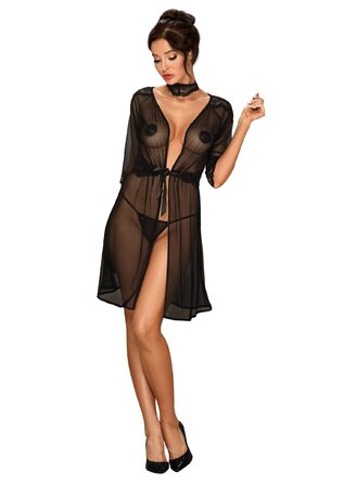 Сексуальний жіночий комплект білизни Selente Love & Fun: халат, танга/ніжна сорочка та шовкова маска для очей (S-M, чорний мереживний)