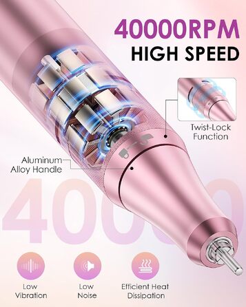 Електричний апарат для манікюру та педикюру Heypappy з LCD-дисплеєм, 40 000 об/хв, набір з 15 насадок, акумуляторний нігтевий фрезер для салонів та дому, Рожевий