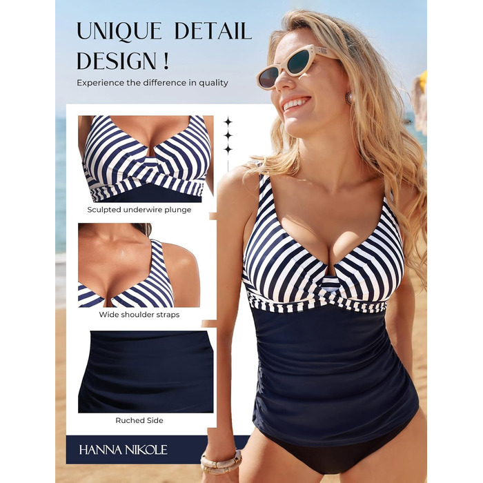 Tankini верх Hanna Nikole з контролем живота, вузлики, V-подібний виріз, купальник (синьо-білі смужки, M)