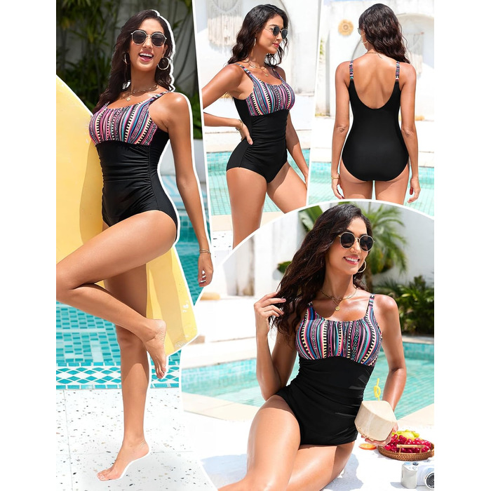 Купальник Vancavoo з пуш-ап, корегуючий, без спинки, з рюшами, пляжний, суцільний (M, Богема + Чорний)