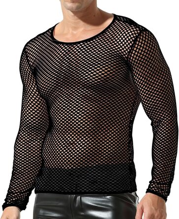 Чоловіча сітчаста футболка QiaTi з довгим рукавом, прозора, мереживна, чорна