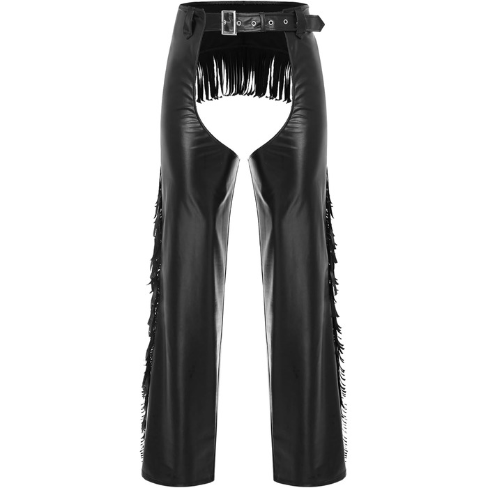 Чоловічі шкіряні лосини з ефектом мокрого блиску, відкриті штани, косплей каубой, чaps, лосини з бахромою, еротичні, чорні, 3XL