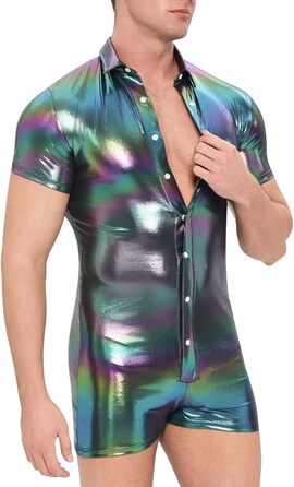 Чоловічий боді Landofgenie з металевим блиском, короткі рукави, комбінезон на бретелях (чорний, L)