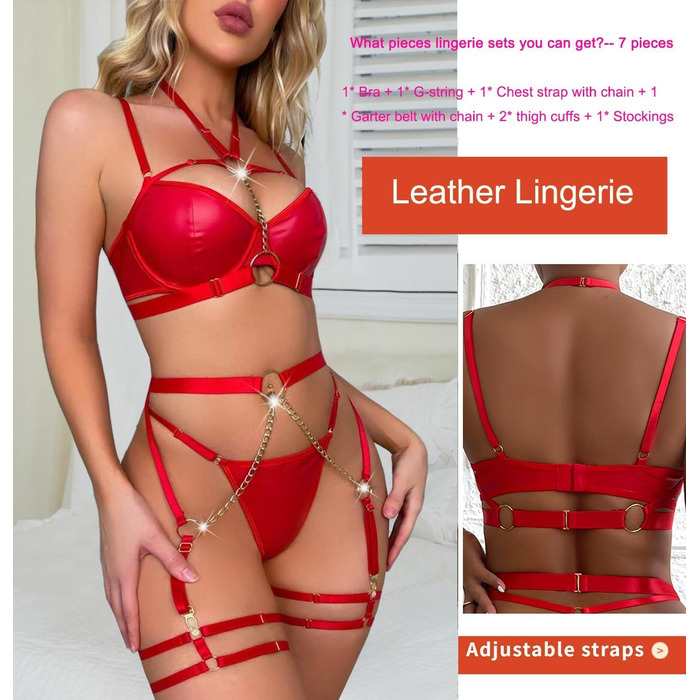 Сексуальний комплект Daen Dessous: 7 частин (стріп-гурт, бюстгальтер з кісточками, трусики, знімна ланцюжок, наручники для стегон, панчохи). Червоний, XXL