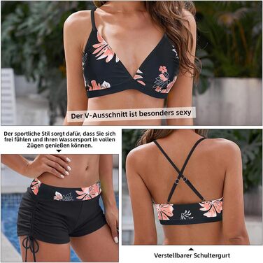 Бікіні жіночий комплект - Пуш-ап, корегуючий животик, сексуальний купальник з глибоким V-подібним вирізом, регульований топ, двочастинний бікіні з високою талією, трусики-танга, рожевий з квітковим принтом