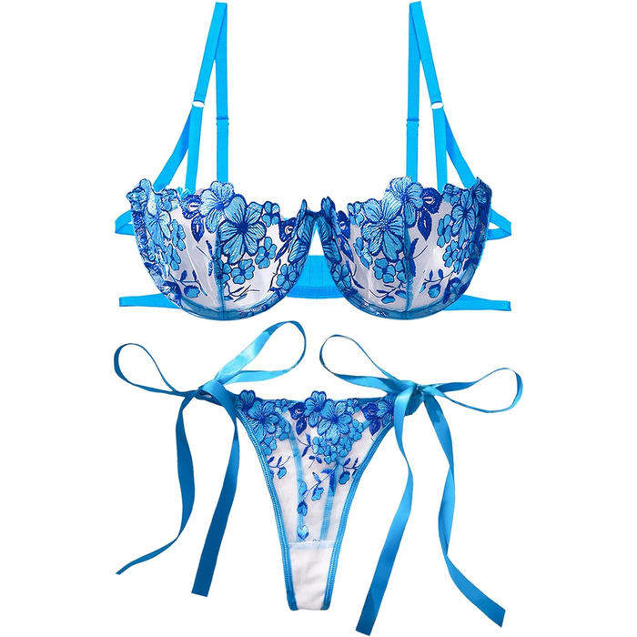 AEAU Комплект спідньої білизни: мереживний бюстгальтер та танга, прозорий, push-up, мереживний, квітковий, S-XL (блакитний, M)