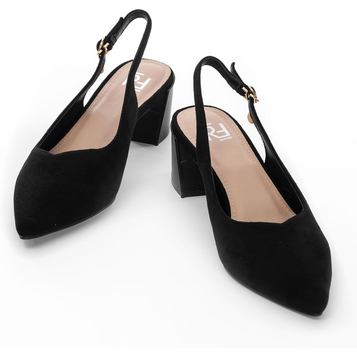 Жіночі туфлі-човники Slingback на стійких підборах 5.5 см, екозамша, чорні, розмір 38 EU
