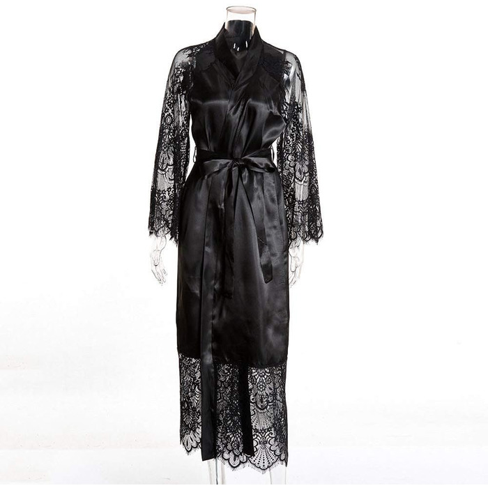 Кимоно жіноче YUHOOE, шовковий халат з мереживними рукавами, довгий халат з поясом, сатинова білизна, нічна сорочка для вечірки або свята, чорний, розмір M
