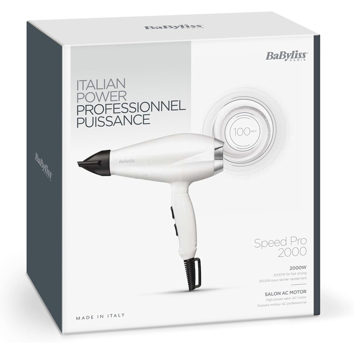 Професійний фен для волосся BaByliss Speed Pro 2000W з іонізацією Anti-Frizz, 3 температурні та 2 швидкісні режими, білий, 6704WE