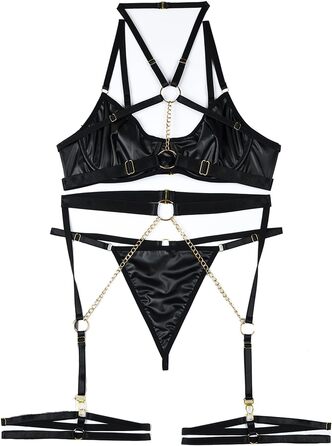 Сексуальна спідня білизна від Aucute Strapsen: бюстгальтер з кісточками та труси з ланцюжком, 6-частинний комплект, чорний