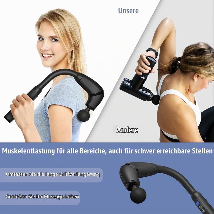 Перкусійний електричний масажер BIBIRE з подовжувачем та U-подібною насадкою для шиї, плечей та ніг, 4 насадки, 6 рівнів інтенсивності