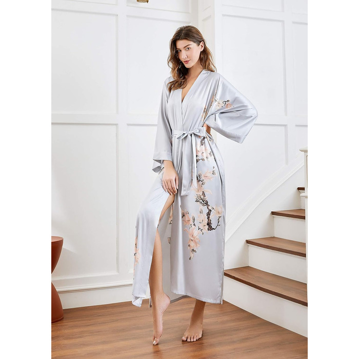 Кимоно-халат Babeyond з квітковим принтом, атласний, для вечірок, сірий (один розмір)