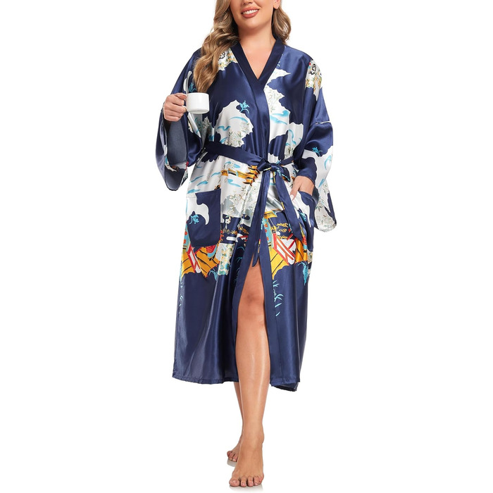 Кимоно халат для жінок, великі розміри, сатин, легкий, японський, плюс сайз, халат-юката (Pagode Kriegsmarine, 3XL)