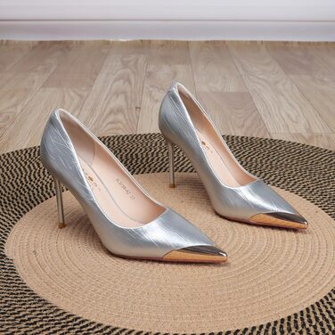 Жіночі туфлі-човники на підборах Stiletto з металевим носком, сріблясті, PU шкіра, для вечірок та офісу, розмір 36 EU