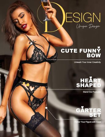 Комплект спідньої білизни RSLOVE для жінок: мереживний тіло, боді, 3 шт., чорний