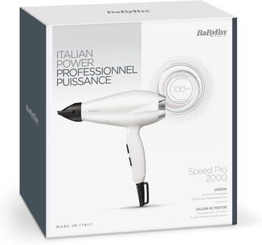Професійний фен для волосся BaByliss Speed Pro 2000W з іонізацією Anti-Frizz, 3 температурні та 2 швидкісні режими, білий, 6704WE