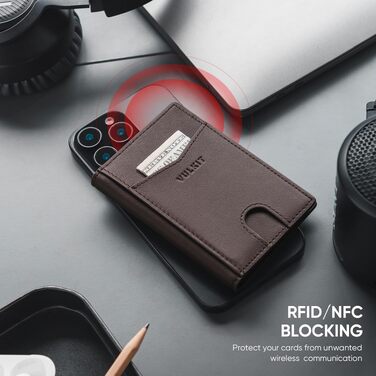 Чоловічий шкіряний картхолдер VULKIT з RFID/NFC захистом, тонкий гаманець для карток на 10 відділень, колір Nappa-espresso
