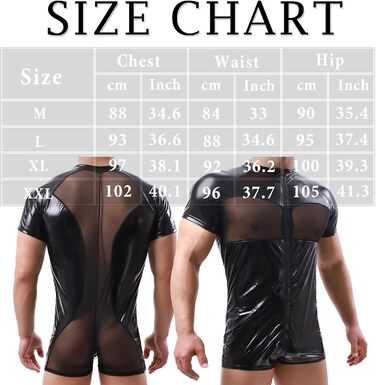 Чоловічий боді QiaTi з короткими шортами, блискавкою та штучною шкірою, з двома кишенями, чорний (M)