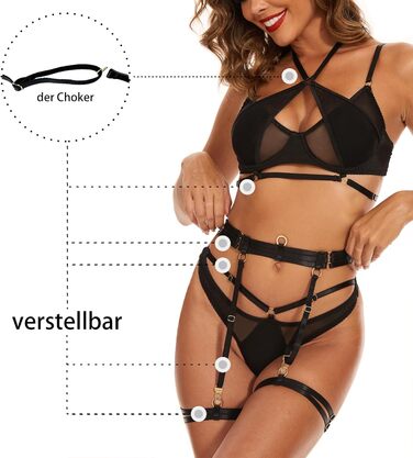 Сексуальний комплект спідньої білизни Strapsen Dessous Set для жінок: бюстгальтер, труси з мереживом та пов'язка на ногах. Чорний колір, з чокером. Розмір уточнюйте за таблицею.