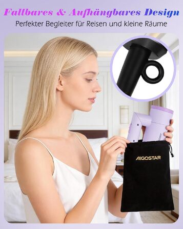 Складаний дорожній фен для волосся Aigostar 1800W з іонною технологією, 3 температурні режими, знімний сопло, фіолетовий