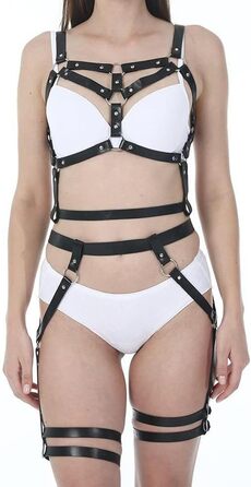 Жіночий комплект для БДСМ: шкіряне гірсько-рятувальне спорядження, пов'язки для грудей та стегон, для пар