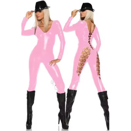 Костюм-комбінезон для котів YGZHANYUANOKU XXL з PU шкіри, глибокий V-подібний виріз, комбінезон, косплей, шнурівка, комбінезон з довгими штанами, штучна шкіра, клубний одяг, рожевий XXL