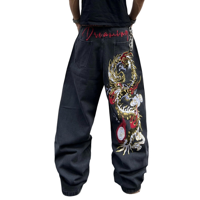 Чоловічі джинси Baggy з вишивкою, широкі штани денім (XXL, чорні, A50)