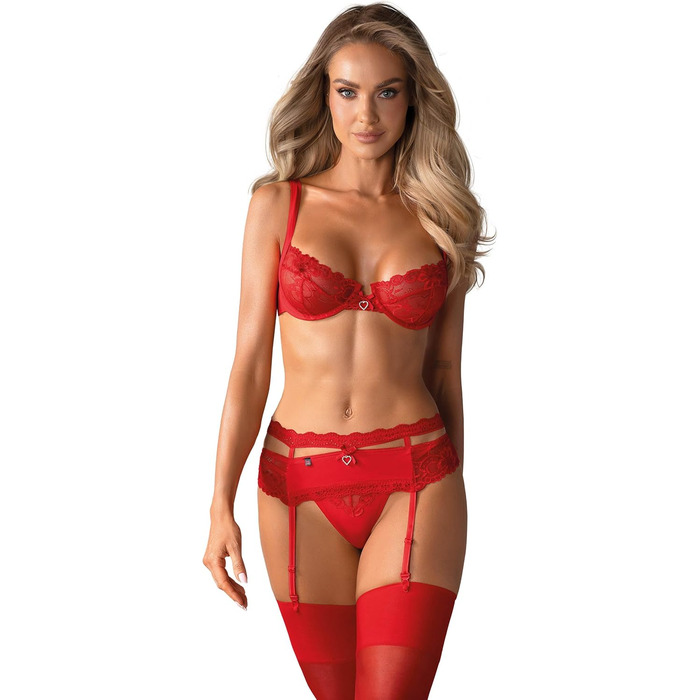 Червоний жіночий комплект спідньої білизни Obsessive: бюстгальтер, корсетний пояс та стрінг, подарункова коробка, S-M