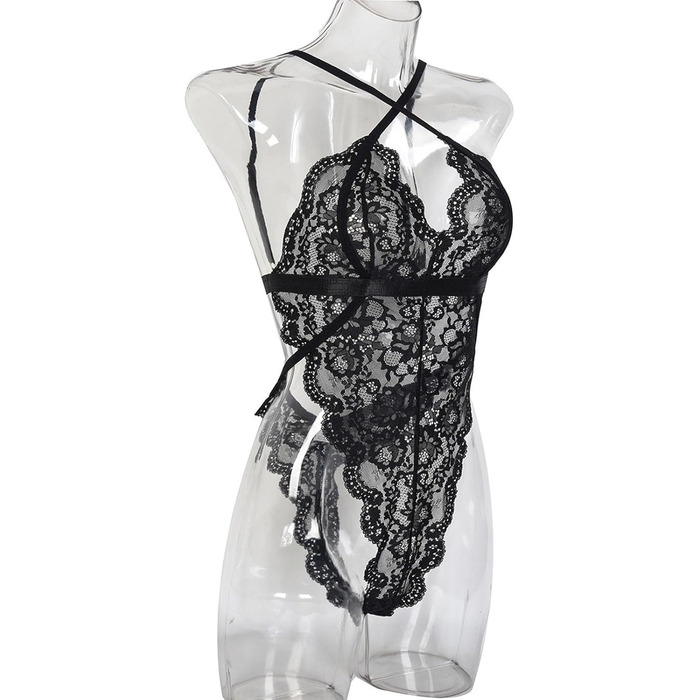 Сексуальна жіноча білизна комплект: боді, нігліж, babydoll. SRZYJ, мереживо, глибокий V-подібний виріз, чорний (A3, L)