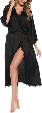 Шовковий халат Aranmei для жінок: довгий, з V-подібним вирізом, 3/4 рукава, нічний халат, халат для сну, кімоно, чорний, з мереживом