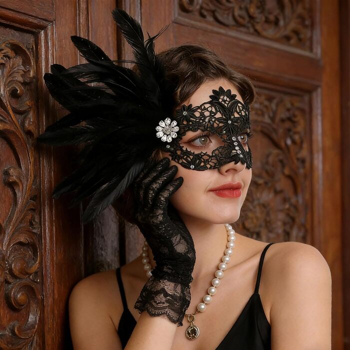 Маска та рукавички для жінок, венеціанський карнавал, чорний колір, для маскараду та костюмованих вечірок