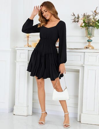 Сукня жіноча Beluring з довгим рукавом, квадратний виріз, висока талія, міні, бавовна, чорна