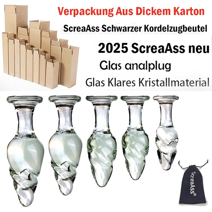 Скляний анальний плагін ScreaAss з спіраллю, набір 5 розмірів (31/35/40/50/60 мм), прозорий, для жінок та чоловіків