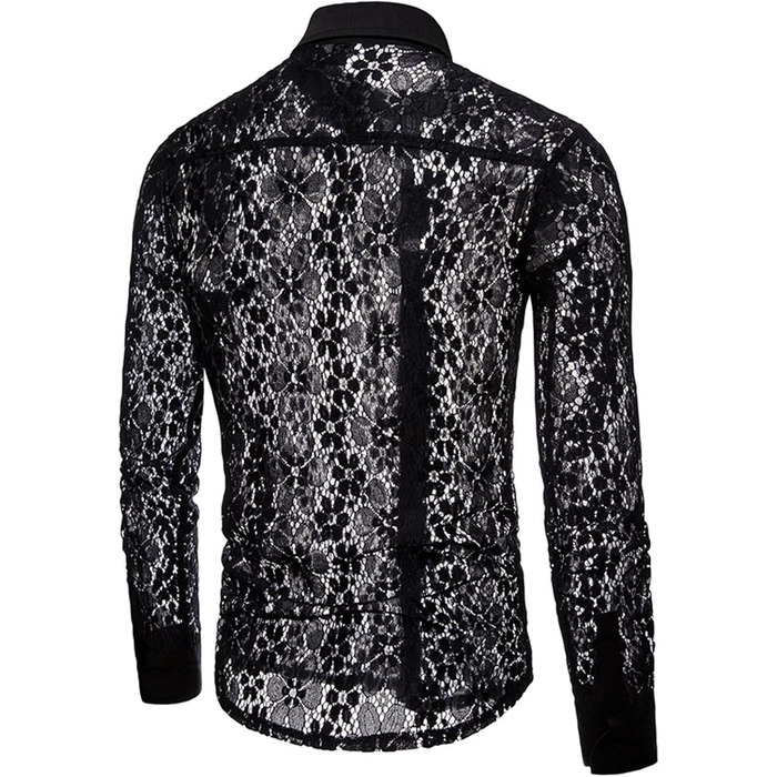 Чоловіча сорочка HanzhuoLG з вирізами, прозора мереживна сорочка з відкладним коміром, довгі рукави, чорна, XL