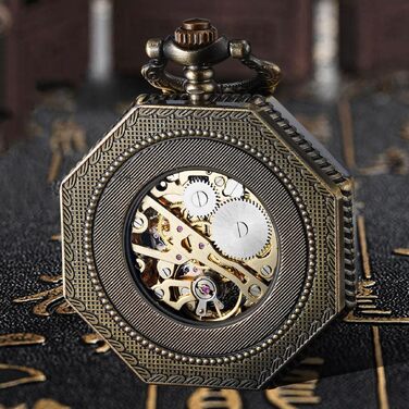 Чоловічий кишеньковий механічний годинник BOSHIYA Vintage Steampunk: скелетон, підсвічування, ручний завод, бронзовий колір (гексагональний корпус)