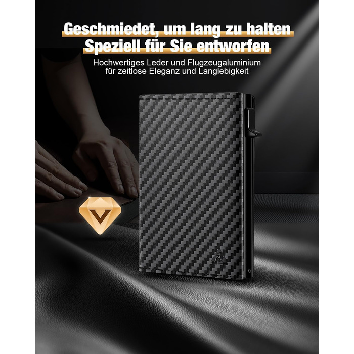 Чоловічий шкіряний картхолдер dwnkove Slim Wallet: смарт-гаманець з Pop-Up механізмом, RFID захистом, відділенням для монет та вікном для ID, Carbon Design