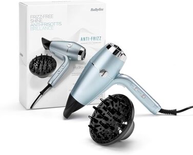 Професійний іонний фен BaByliss Hydro-Fusion 2100W з дифузором та концентратором, плазма-технологія для блиску та гладкості волосся, 3 режими температури, 2 швидкості, синій, D773DE