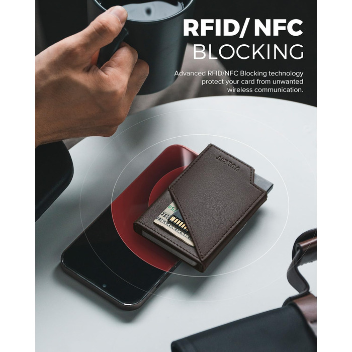 VULKIT Складаний картхолдер з RFID-захистом, тонкий алюмінієвий гаманець для кредитних карток, купюр та монет, темно-коричневий