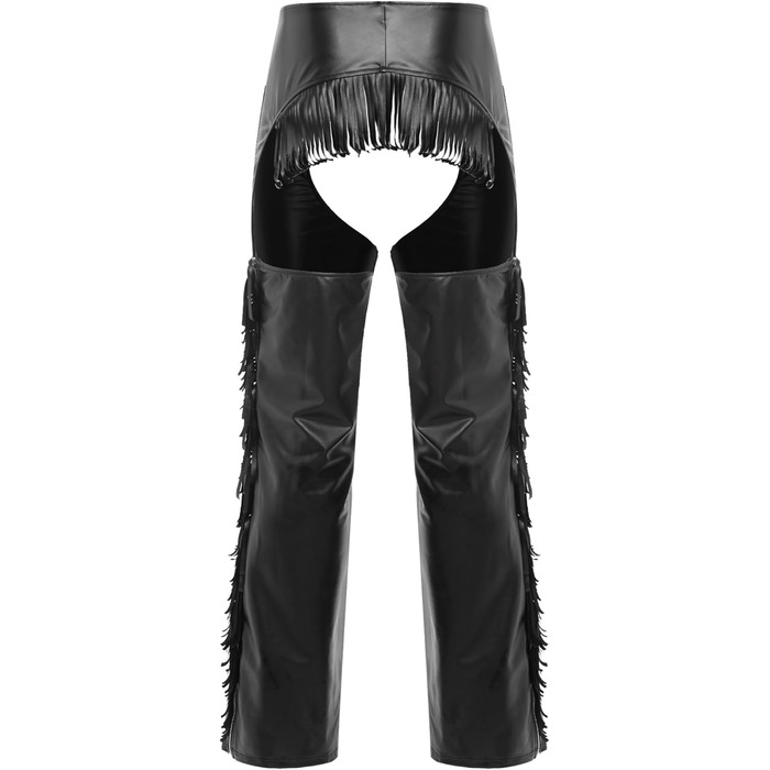 Костюм ковбоя з еластичної шкіри TTAO для чоловіків: штани з відкритим кроком, з бахромою та пряжкою, чорного кольору