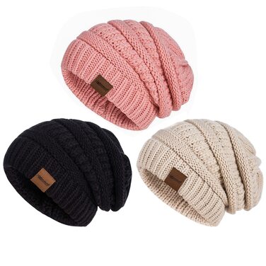 Набір зимових шапок Beanie для жінок та чоловіків, тепла в'язана шапка оверсайз Slouchy (3 шт: чорна, бежева, рожева)