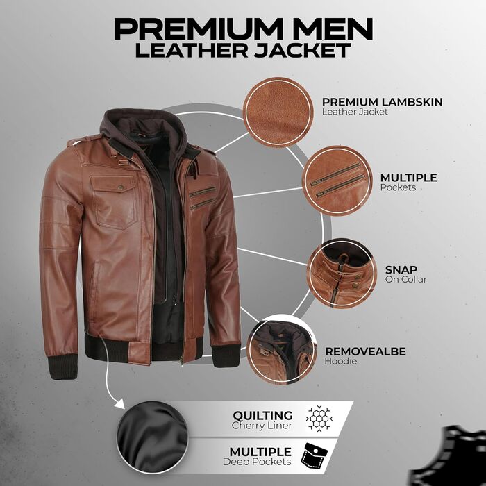 Чоловіча шкіряна куртка Leatherick Premium з натурального ягнячого хутра, з відстібним капюшоном та 7 кишенями, коричнева, розмір XXL