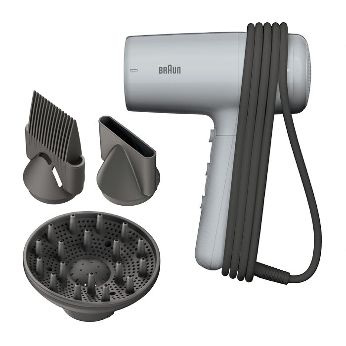 Фен для волосся Braun Haartrockner HD4.2 (BRHD235E) з дифузором та вузьким соплом, технологія Super IONTEC, 2100 Вт, 3 режими температури та швидкості, чорно-сірий