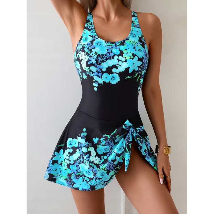 Коригуючий купальник-сукня Plus Size, чорний у квітку, розмір XL (42)