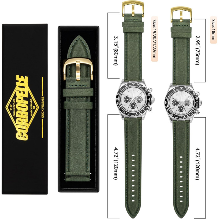 Шкіряний ремінець для годинника та смарт-годинника Vintage Elegant, швидкознімний, 20мм, темно-зелений (золотиста застібка)