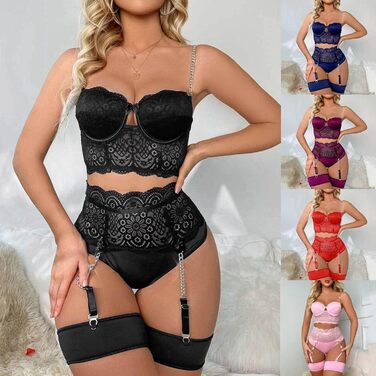 Сексуальний жіночий комплект спідньої білизни з корсетом, стрінгами, високою талією, глибоким V-подібним вирізом, бюстгальтером push-up та мереживом. Ідеальний для свята Валентина. Білий (A-червоний, XL)