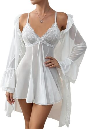 Жіночий комплект нижньої білизни AIEOE: мереживний халат-комбінезон з babydoll та нічна сорочка (білий, L)